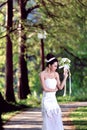 Beautiful Asian girl in a wedding dress showing happy moments