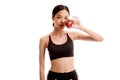 Beautiful Asian healthy girl with red apple Royalty Free Stock Photo