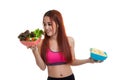 Beautiful Asian healthy girl salad and potato chips. Royalty Free Stock Photo