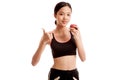 Beautiful Asian healthy girl thumbs up with red apple Royalty Free Stock Photo