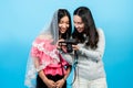 beautiful asian lgbtq couple taking photo for girlfriend after being proposed When finished taking pictures Let your boyfriend see Royalty Free Stock Photo