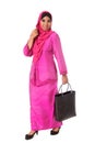 Beautiful asian muslimah woman with black wicker tote bags.Isolated