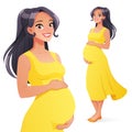 Beautiful Asian smiling pregnant woman. Full length isolated vector illustration.
