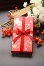 beautiful asian style gift box with ribbon on table. AI Generated Royalty Free Stock Photo