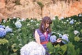 Beautiful Asian Woman in blue dress walk in The Hydrangea Flowers Garden Royalty Free Stock Photo