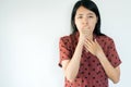 Beautiful asian woman coughing with sore throat,Female suffering with cough a lot on white background and copy space for text