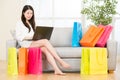 Beautiful asian woman enjoy online shopping with computer Royalty Free Stock Photo