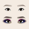 Beautiful Asian Woman Eyes and Brows. Before and after make-up. Vector illustration.