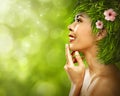 Beautiful asian woman with fresh green grass hair Royalty Free Stock Photo