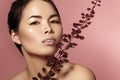 Beautiful asian woman with fresh daily makeup. Vietnamese beauty girl in spa treatment with green leafs near face Royalty Free Stock Photo