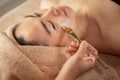 Beautiful Asian Woman getting facial nourishing at spa salon. Royalty Free Stock Photo