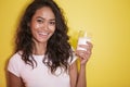 Beautiful asian woman with a glass of fresh milk Royalty Free Stock Photo