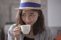 Beautiful asian woman and hot coffee cup happiness smiling face Royalty Free Stock Photo
