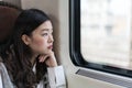 Beautiful asian woman looking out of train window, with copy space Royalty Free Stock Photo