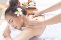 Beautiful Asian Woman Lying Massage Treatment With Happy Mood On Vacation Day.Wellness Body Care And Spa Aromatherapy Concept