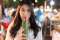 Beautiful asian woman in the night street market Royalty Free Stock Photo