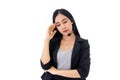 Beautiful asian woman Serious call center operator in wireless headset talking with customer,in customer support service Royalty Free Stock Photo