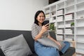 beautiful Asian woman sit on sofa hand holding mobile phone chatting with friends and playing social media. Young female Royalty Free Stock Photo