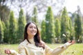 Beautiful Asian woman Smiling happy girl and wearing warm clothe Royalty Free Stock Photo