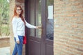 Beautiful asian woman with stone wall Royalty Free Stock Photo