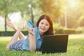 Beautiful asian woman using computer shopping online Royalty Free Stock Photo