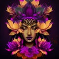 Beautiful Asian Woman Violet Golden Lotus flower. Meditation. Digital art AI