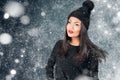 Beautiful asian woman wearing knitted hat with pompom