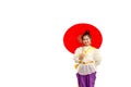 Beautiful asian woman wearing tradition thai dress with umbrella