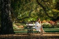 Beautiful asian woman in white dress sit under the tree  writing and thinking in the park with autumn leaves Royalty Free Stock Photo