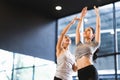 Beautiful Asian woman learning yoga pose with female instructor in yoga studio or health club. Sport exercise activity concept Royalty Free Stock Photo