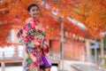 Beautiful Asian young woman in japanese kimono and red leaves in autumn season in Kyoto, Japan. Japan tourism, nature life, or Royalty Free Stock Photo