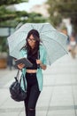 Beautiful asian young woman using tablet in the city Royalty Free Stock Photo