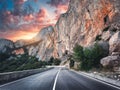 Beautiful asphalt road. Colorful landscape with high rocks