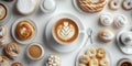 A Beautiful Assortment of Coffee Beverages and Fresh Pastries on a White Table Background Royalty Free Stock Photo