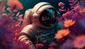 A beautiful astronaut making his way through a thicket of flowers on another planet. Generative AI