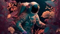 A beautiful astronaut making his way through a thicket of flowers on another planet. Generative AI Royalty Free Stock Photo