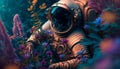 A beautiful astronaut making his way through a thicket of flowers on another planet. Generative AI Royalty Free Stock Photo