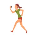Beautiful Athlete Girl Taking Selfie Photo while Jogging, Young Woman Character Photographing Herself with Smartphone