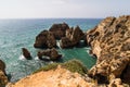 Beautiful atlantic ocean view horizon with sandy beach rocks and