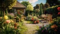 Beautiful atmospheric decorative flowering plants, cottage area in summer, no people, selective focus.