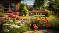 Beautiful atmospheric decorative flowering plants on summer cottage area in summer, selective focus.