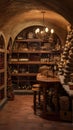 Beautiful atmospheric interior of vintage wine cellar with a lot of old dusty wine bottles, vertical image
