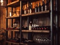 Beautiful atmospheric shelves with wine bottles and wine glasses in the restaurant.