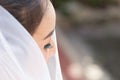 Beautiful Attractive Asian Bride Woman wearing white wedding dress and holding bouquet smile Royalty Free Stock Photo