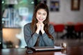 Beautiful Attractive Business Asian woman with laptop smile and have positive Royalty Free Stock Photo