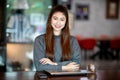 Beautiful Attractive Business Asian woman with laptop smile and have positive emotional