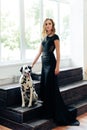 Beautiful attractive girl in a black dress with a Dalmatian dog Royalty Free Stock Photo