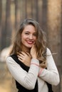 The happiest attractive girl with perfect nice healthy white smile and red lips, long hair laugh at something Royalty Free Stock Photo