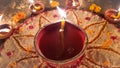 Beautiful Attractive Rangoli Design And Burning Diya Lamp. Indian Diwali Festival.