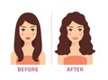 Beautiful Attractive Young Woman with Normal and Curly Hair. Happy lady with Wavy hair. Before and After. Transformation. Cartoon